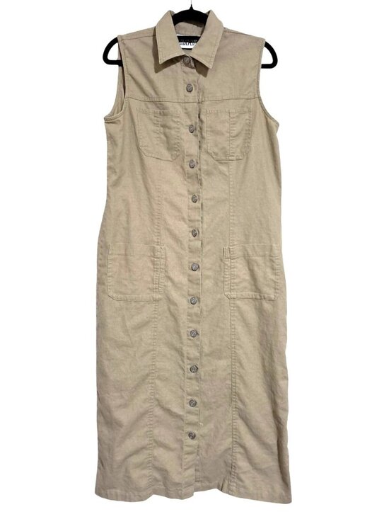 bill blass Dresses & Skirts - Vintage Bill Blass Jeans Jumper Dress Womens M Linen Blend Beige Sleeveless Butt